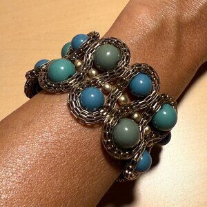💙 Anthropologie Teal Beaded Cuff Bracelet | Stretchy Fit Gold Woven Thru Beads